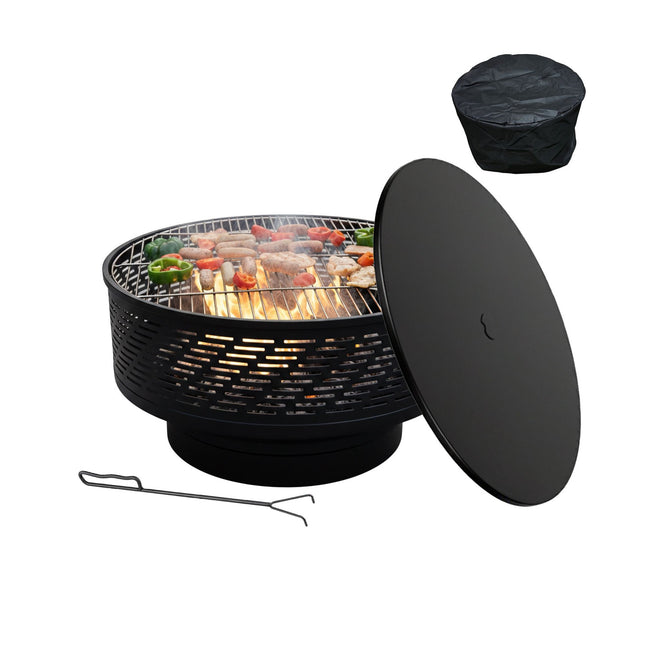 Fire Bowl with Lid & Grill – Black, Stainless Steel
