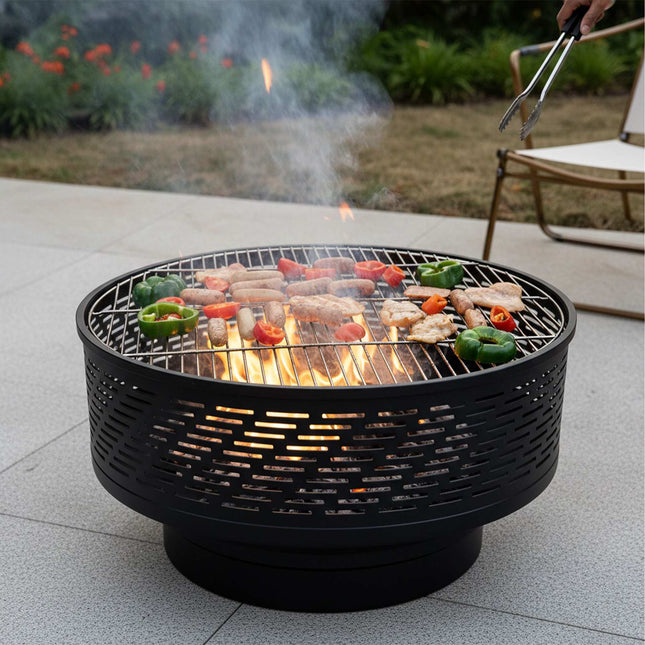 Fire Bowl with Lid & Grill – Black, Stainless Steel