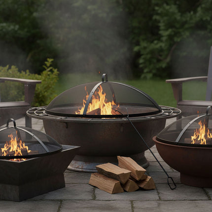 Fire Pit Spark Guard, Round Metal Mesh, Includes Poker