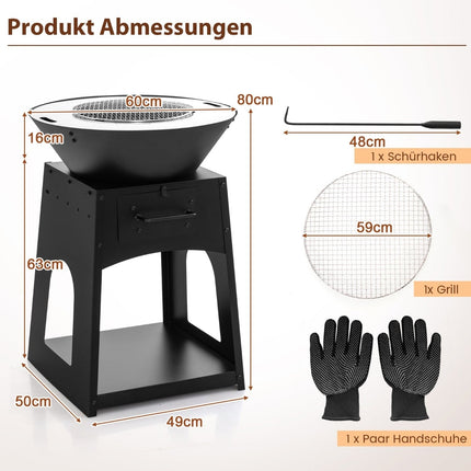 Fire Pit with Grill, Ash Box, Storage – 60x80 cm, Black