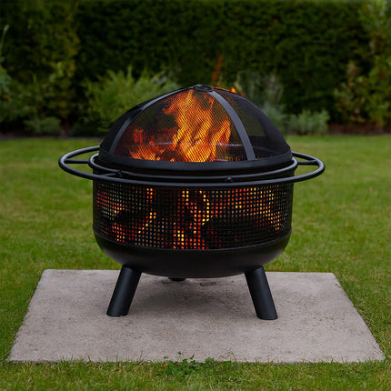 Fire Pit with Spark Guard & Poker – Black Metal Bowl