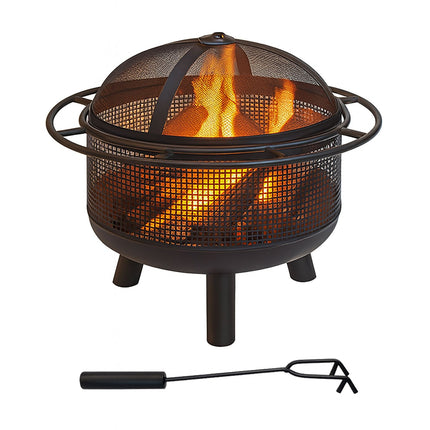 Fire Pit with Spark Guard & Poker – Black Metal Bowl