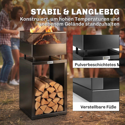 Fire Pit with Wood Storage, Adjustable Feet, 39x39x87 cm