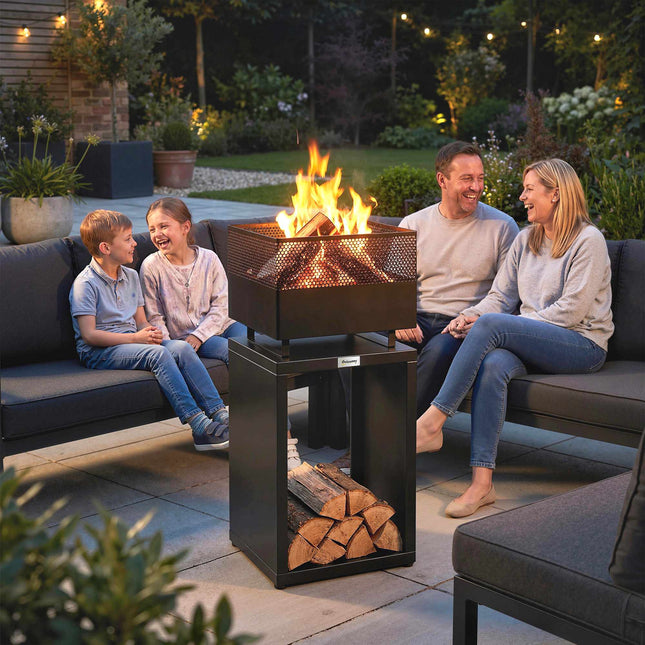 Fire Pit with Wood Storage, Adjustable Feet, 39x39x87 cm