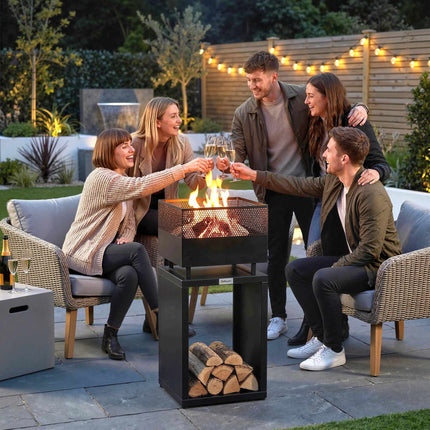 Fire Pit with Wood Storage, Adjustable Feet, 39x39x87 cm