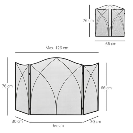 Folding black metal fireplace cover, 3-panel, 126 x 76cm