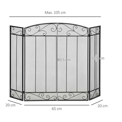 Folding steel fireplace cover, 3 panels, 105 x 80.5 cm, black