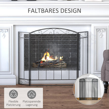 Folding steel fireplace cover, 3 panels, 105 x 80.5 cm, black
