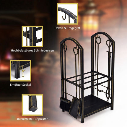 Fireplace Log Rack with Tools, Bronze Wrought Iron