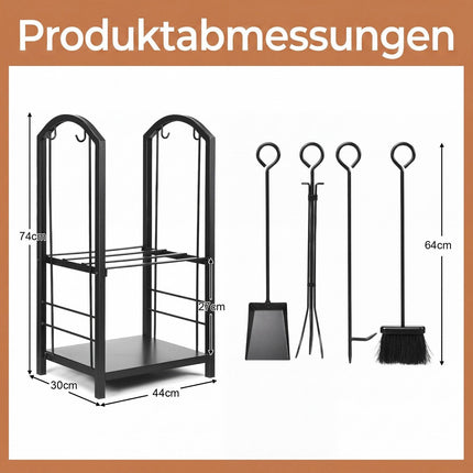 Fireplace Log Rack with Tools Set – Wrought Iron, Black