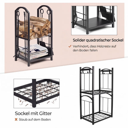Fireplace Log Rack with Tools Set – Wrought Iron, Black