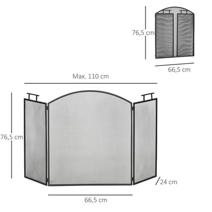 Fireplace Screen, Foldable Metal Spark Guard, Black, 110x24x76.5 cm