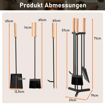 Fireplace Tool Set, 4-Piece Metal Kit with Stand