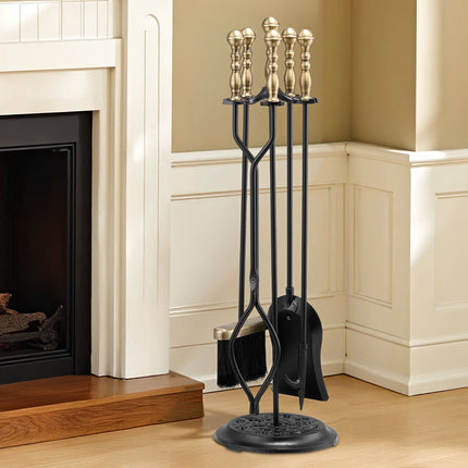 Fireplace Tool Set, 5-Piece Wrought Iron Stand, Black, Brass