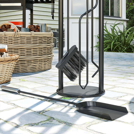 Fireplace Tool Set, 5-Piece with Stand, Brush, Shovel, Poker, Tongs