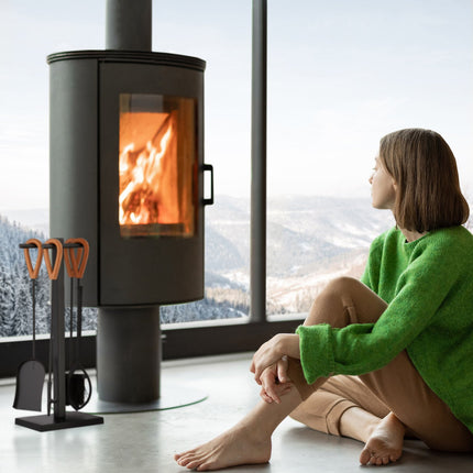 Fireplace Tools Set with Metal Stand and Leather Handles