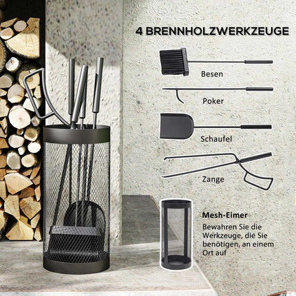 5 Piece Black Metal Stove Tool Set with Basket
