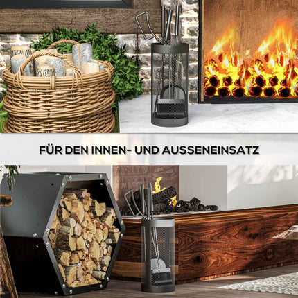 5 Piece Black Metal Stove Tool Set with Basket
