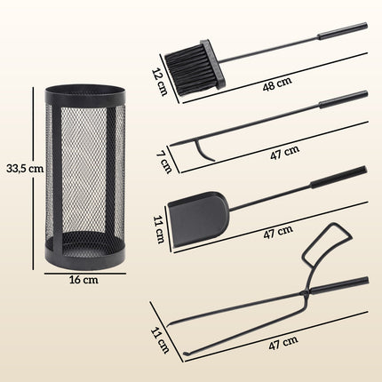 5 Piece Black Metal Stove Tool Set with Basket