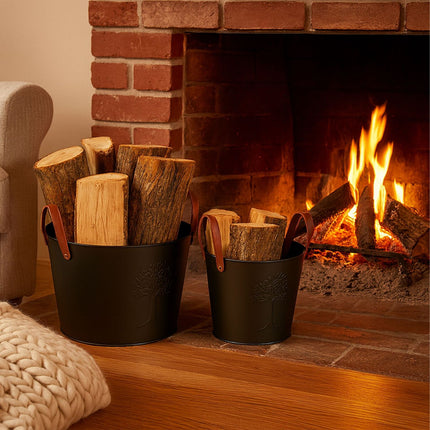 Firewood Baskets, 2 Pcs, Black Metal, Leather Handles