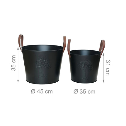 Firewood Baskets, 2 Pcs, Black Metal, Leather Handles