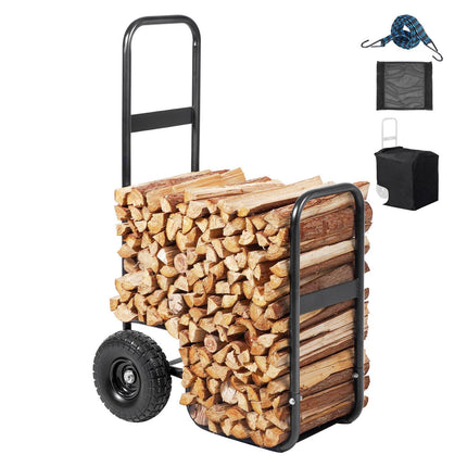Firewood Log Cart, 250 lb Steel Dolly with PU Wheels, Waterproof Cover