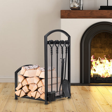 Firewood Log Rack with 4 Fireplace Tools, Steel, Black