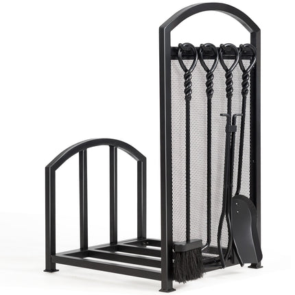 Firewood Log Rack with 4 Fireplace Tools, Steel, Black