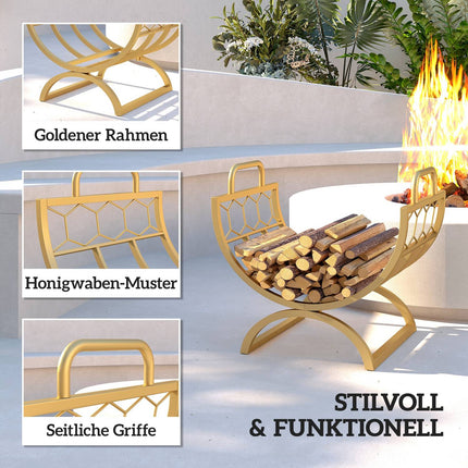 Firewood Rack, Indoor, Metal, Gold, 46x36x41cm