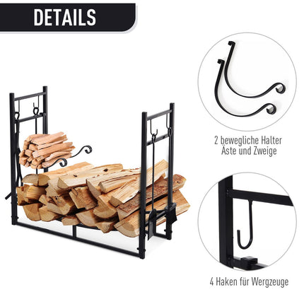 Wood rack, 2-layer metal with hooks, 84x33x76 cm