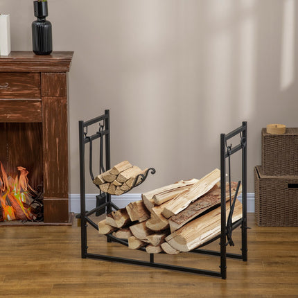 Wood rack, 2-layer metal with hooks, 84x33x76 cm