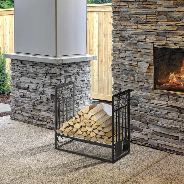 Wood rack in steel with stove tools, 75x30x60 cm