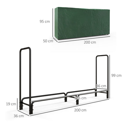 Adjustable firewood rack, metal, 200x36x99 cm with lid