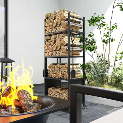 Wood rack in metal with wheels, 4 shelves, 60 kg