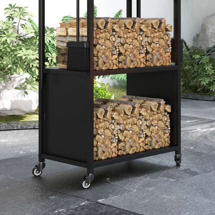 Wood rack in metal with wheels, 4 shelves, 60 kg