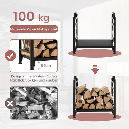 Firewood rack Metal firewood stand with handles & adjustable foot pads 46 x 34 x 45 cm Black
