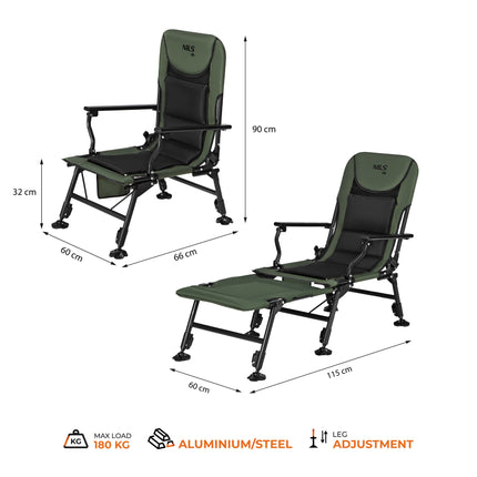 Fishing Chair With Footrest, Adjustable Backrest, 180 kg