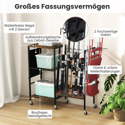 Fishing rod holder with lockable universal wheels, tackle trolley, fishing equipment organiser