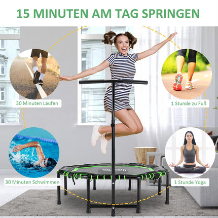 Fitness trampoline with adjustable handle for indoor and outdoor use