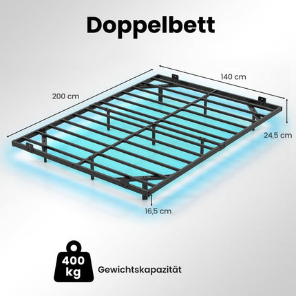Floating Metal Bed Frame with LED Lights, Black, 140x200 cm