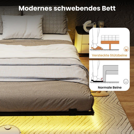 Floating Metal Bed Frame with LED Lights, Black, 140x200 cm