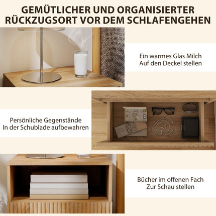 Floating Nightstand, Handleless, Open Shelf, Drawer, Light Brown