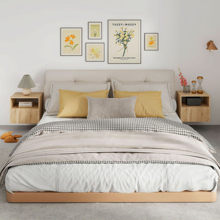 Floating Nightstand, Handleless, Open Shelf, Drawer, Light Brown