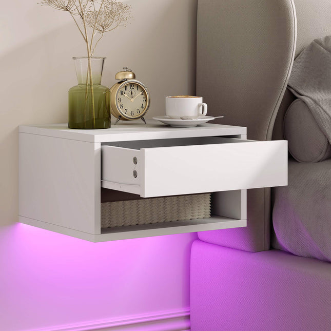 Floating Nightstand Set with RGB LED, Drawer, White