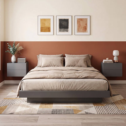 Floating Nightstand with Drawers – Grey, Wall-Mounted