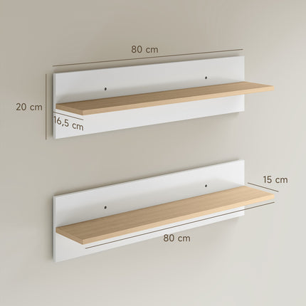 Floating Wall Shelf Set of 2, White & Natural Wood, 80x15 cm