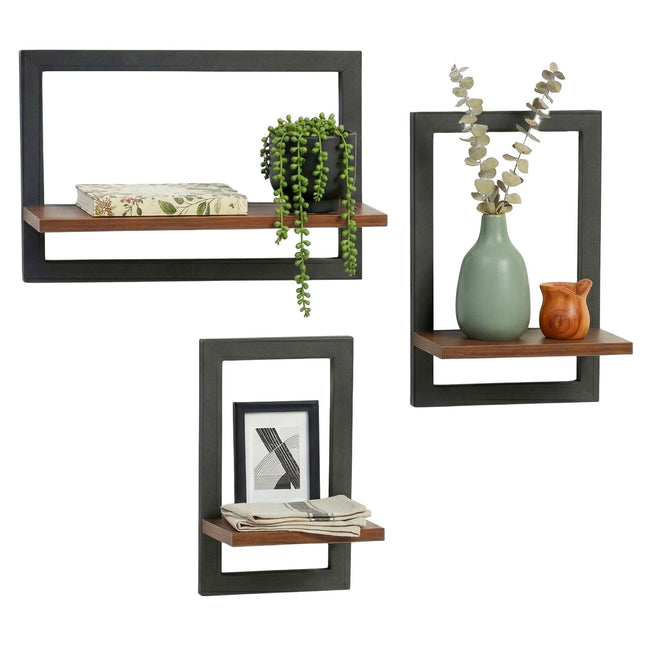 Floating Wall Shelves Set Of 3 – Metal Frame, MDF