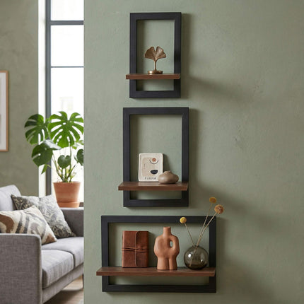 Floating Wall Shelves Set Of 3 – Metal Frame, MDF