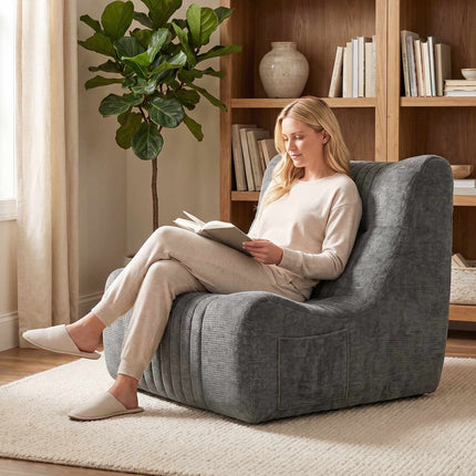 Floor Chair with Backrest, Chenille, Chestnut Gray, Side Pockets