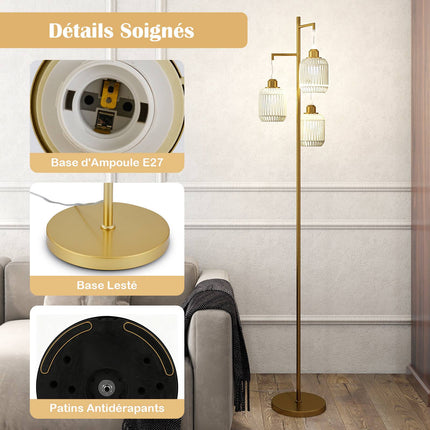 Floor Lamp 173cm, 3 Woven Paper Shades, Foot Switch, Gold